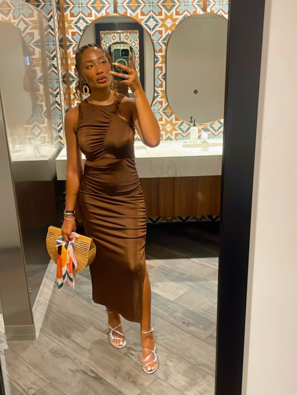 H&M Brown Ruched Midi Dress with Side Cut Out Sz Small